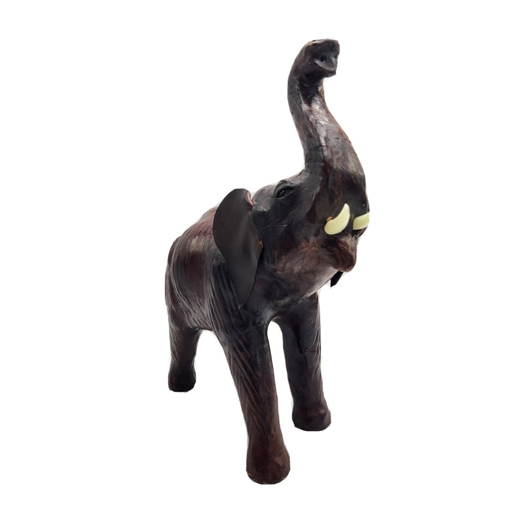 VINTAGE DECORATIVE BROWN LEATHER WRAPPED‎ ELEPHANT STATUE 13 " MCM